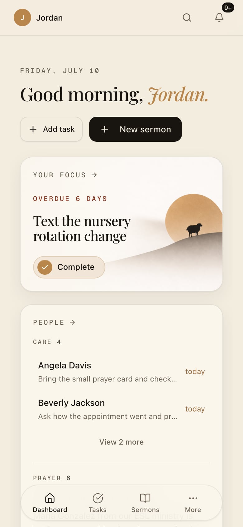 Shepherdly dashboard on a Thursday morning: today's focus, pastoral care, prayer, the sermon queue, and upcoming moments
