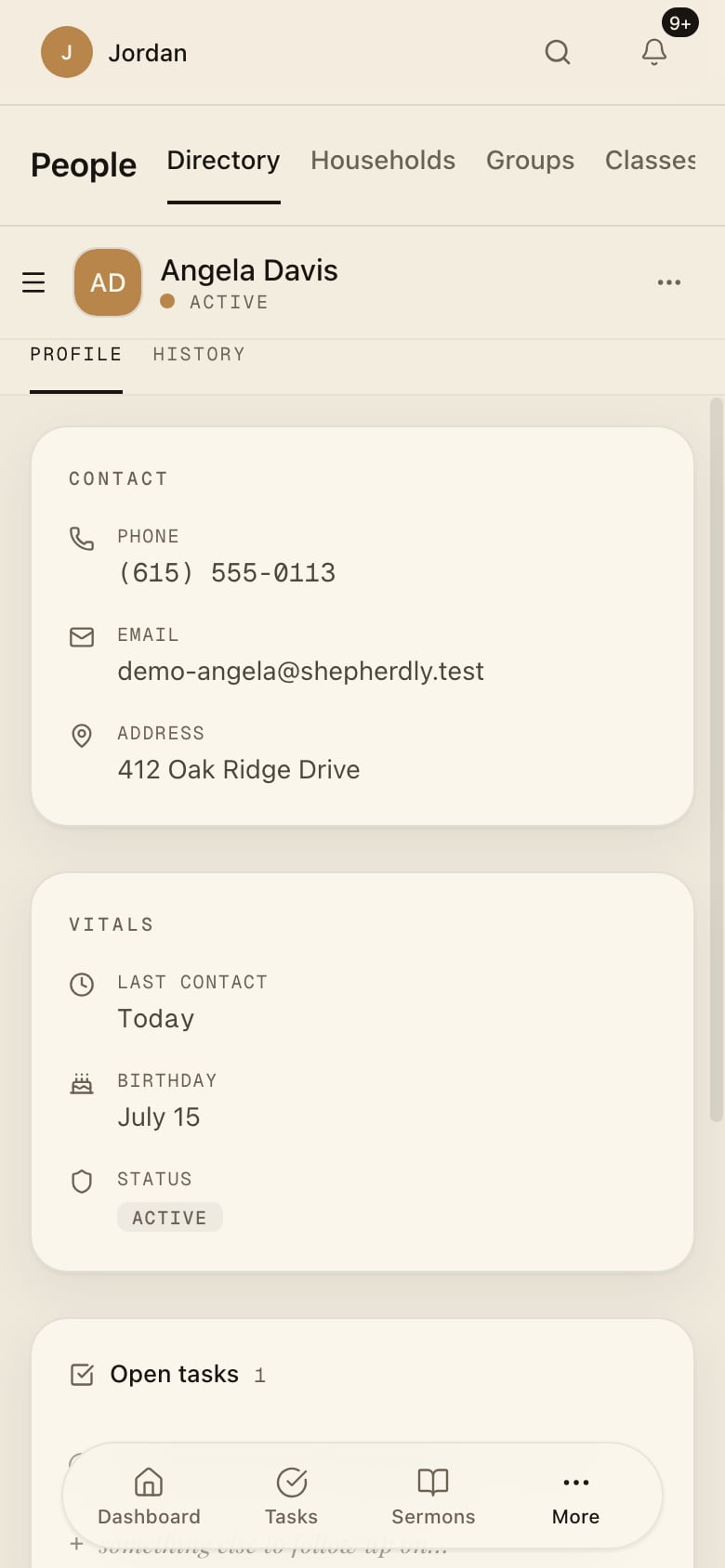 Shepherdly directory: a member profile with contact details, last contact, an open care task, tags, and a follow-up reminder